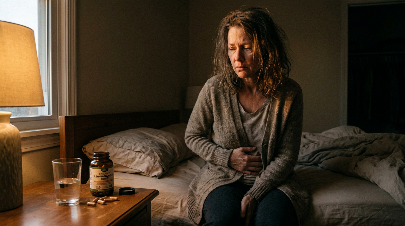 Tired woman sitting on edge of bed at dawn with ashwagandha supplement bottle on nightstand