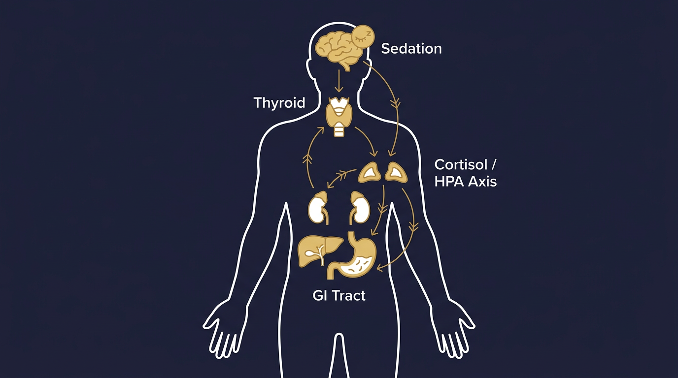 Flat scientific infographic showing ashwagandha's effect pathways on thyroid, HPA axis, GI tract and liver